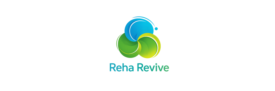 Logo von Reha Revive, bestehend aus drei ineinandergreifenden Kreiselementen in Blau und Grün über dem zweifarbigen Schriftzug.