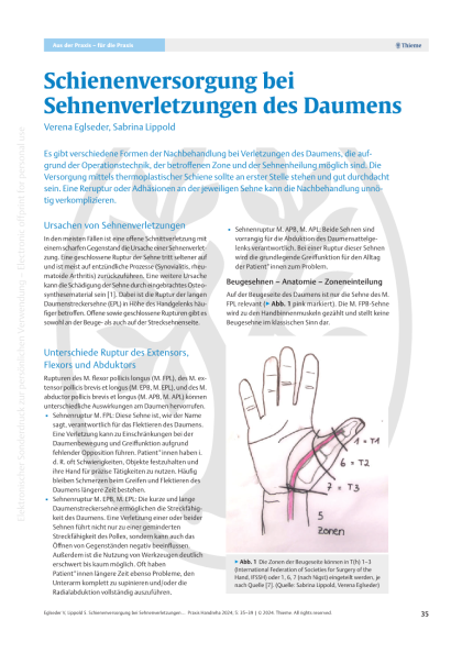 Schienenversorgung bei Sehnenverletzungen des Daumens
