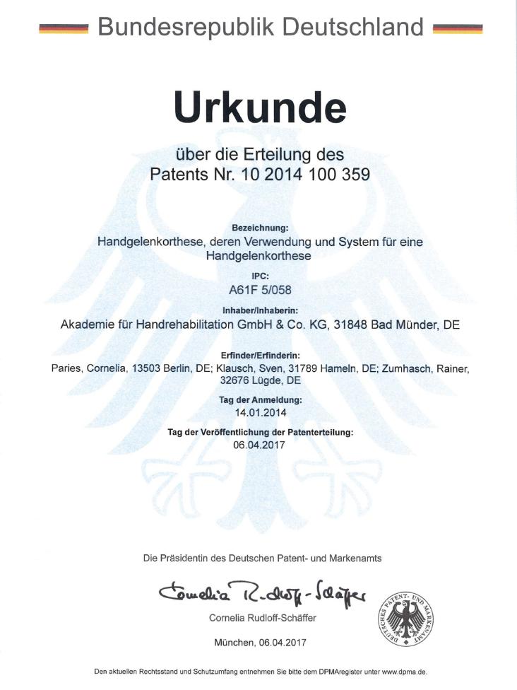 Patenturkunde AFH DTM‑Orthese