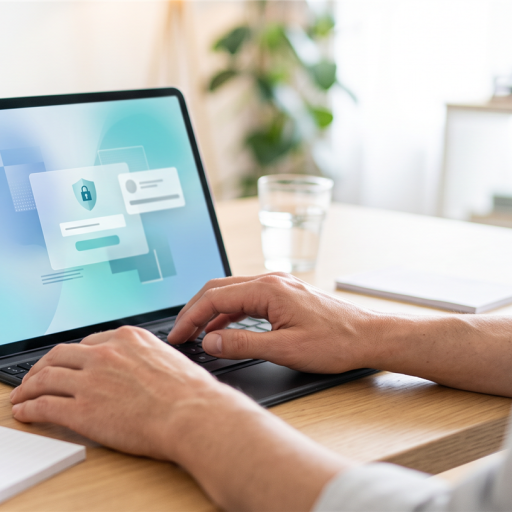 Eine Person tippt auf der Tastatur eines Tablets, auf dessen Bildschirm eine Login-Maske zu sehen ist. Daneben liegt ein Buch über Handrehabilitation.