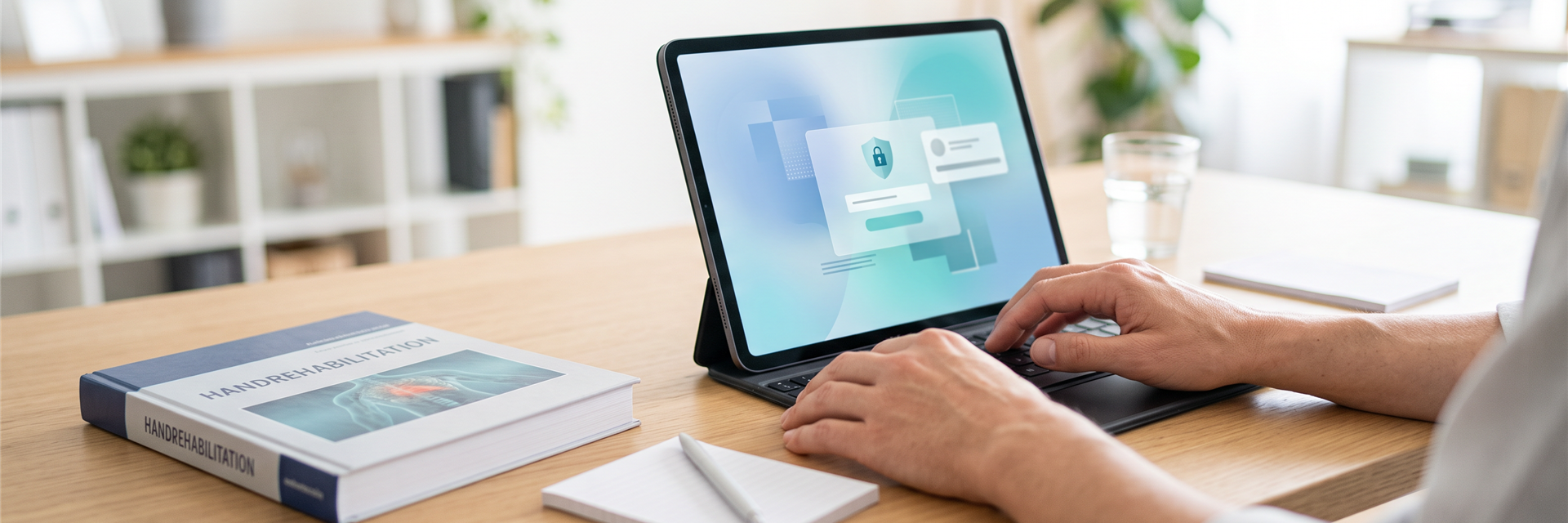 Eine Person tippt auf der Tastatur eines Tablets, auf dessen Bildschirm eine Login-Maske zu sehen ist. Daneben liegt ein Buch über Handrehabilitation.