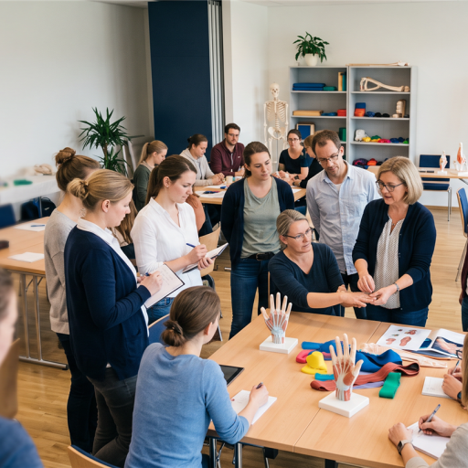Eine Gruppe von Erwachsenen in einem Seminarraum während einer praktischen Übung zur Anatomie der Hand.