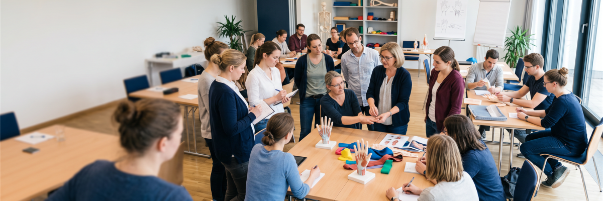Eine Gruppe von Erwachsenen in einem Seminarraum während einer praktischen Übung zur Anatomie der Hand.