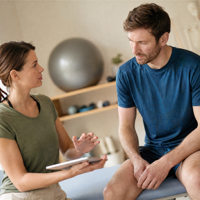 Eine Physiotherapeutin bespricht mit einem Patienten auf einer Behandlungsliege dessen Knieprobleme und zeigt ihm Informationen auf einem Tablet.