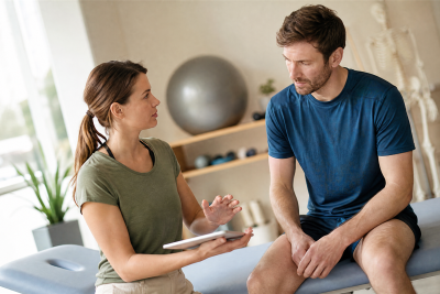 Eine Physiotherapeutin bespricht mit einem Patienten auf einer Behandlungsliege dessen Knieprobleme und zeigt ihm Informationen auf einem Tablet.