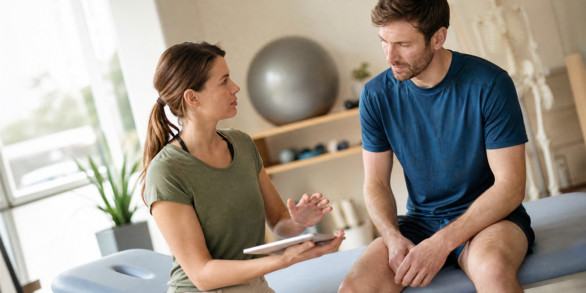 Eine Physiotherapeutin bespricht mit einem Patienten auf einer Behandlungsliege dessen Knieprobleme und zeigt ihm Informationen auf einem Tablet.