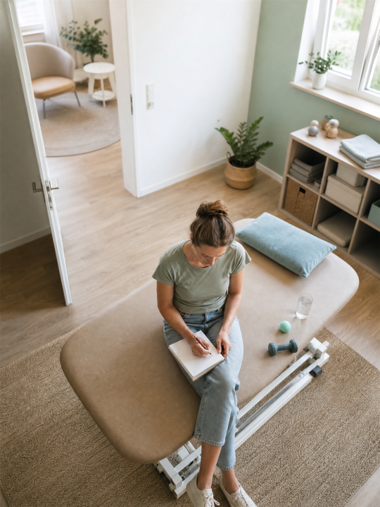 Eine Frau sitzt auf einer Therapieliege in einem hellen Praxisraum und schreibt in ein Notizbuch.