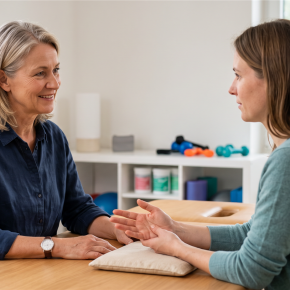 Eine Patientin im Gespräch mit ihrer Therapeutin in einer hellen Praxis.