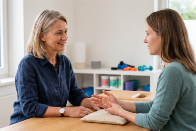 Eine Patientin im Gespräch mit ihrer Therapeutin in einer hellen Praxis.