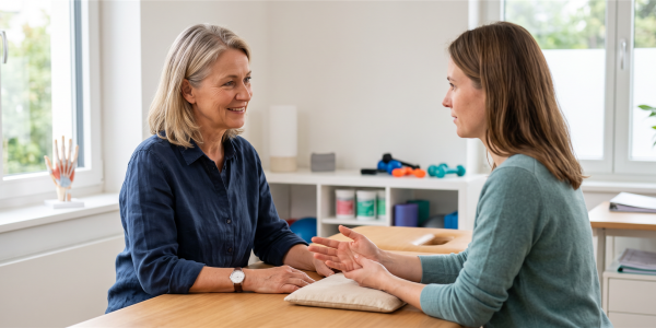 Eine Patientin im Gespräch mit ihrer Therapeutin in einer hellen Praxis.