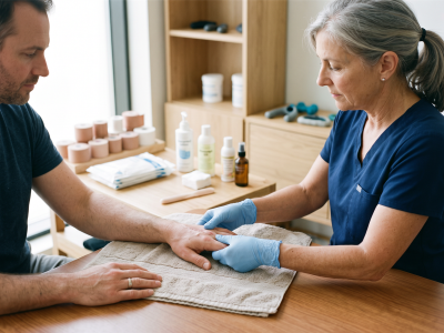 Eine Therapeutin in blauer Kleidung untersucht die Hand eines Mannes, die auf einem Handtuch liegt.