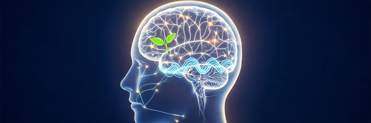 Leuchtende 3D-Illustration eines menschlichen Kopfprofils mit Gehirn, das durch einen grünen Pflanzenspross, Schlafwellen und neuronale Verknüpfungen die ganzheitliche Gehirngesundheit symbolisiert