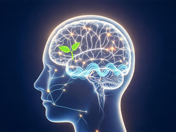 Leuchtende 3D-Illustration eines menschlichen Kopfprofils mit Gehirn, das durch einen grünen Pflanzenspross, Schlafwellen und neuronale Verknüpfungen die ganzheitliche Gehirngesundheit symbolisiert