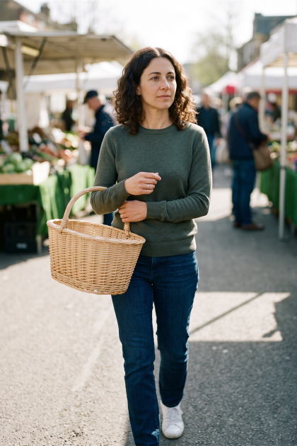 Eine Frau mit dunklen Locken und einem Weidenkorb geht über einen Wochenmarkt.