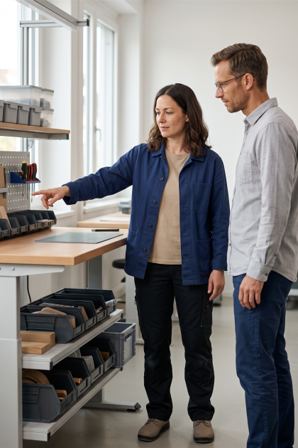Eine Frau in einer blauen Jacke erklärt einem Mann etwas an einer gut organisierten Werkbank in einer Werkstatt.