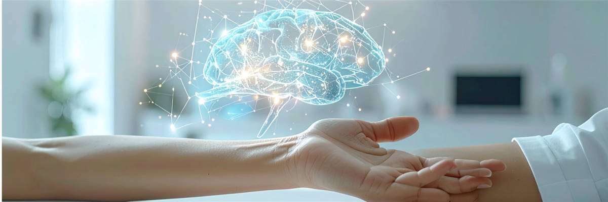 Eine menschliche Hand, über der ein leuchtendes, digitales Netzwerk aus stilisierten Neuronen schwebt. Dies symbolisiert die durch eine Gehirn-Computer-Schnittstelle wiederhergestellte Nervenverbindun