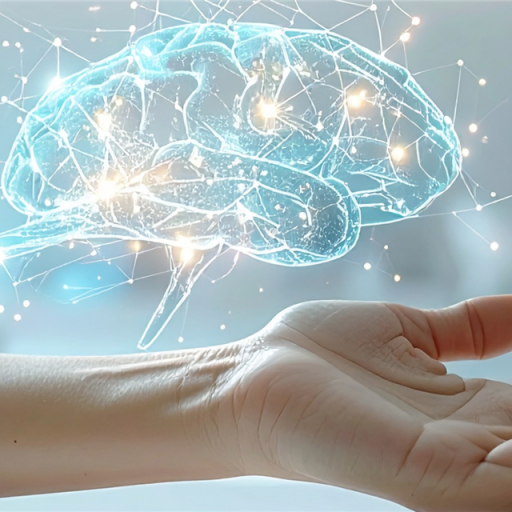 Eine menschliche Hand, über der ein leuchtendes, digitales Netzwerk aus stilisierten Neuronen schwebt. Dies symbolisiert die durch eine Gehirn-Computer-Schnittstelle wiederhergestellte Nervenverbindun