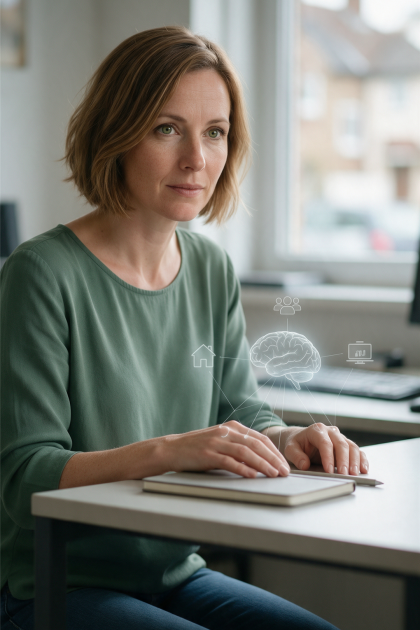 Eine Frau sitzt nachdenklich am Schreibtisch, über dem eine Grafik mit Symbolen für Gehirn, Zuhause, Menschen und Computer schwebt.