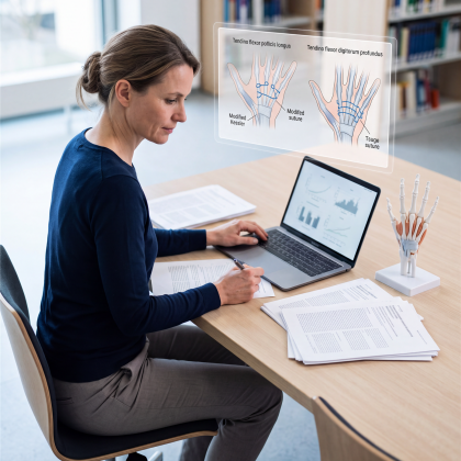 Eine Frau studiert an einem Schreibtisch medizinische Abbildungen der Hand, die auf einem holografischen Display gezeigt werden.
