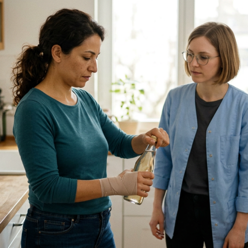 Patientin mit dezenter Bandage am linken Handgelenk versucht in einer hellen Küche, eine Glasflasche zu öffnen, während eine Handtherapeutin die Alltagssituation aufmerksam beobachtet.