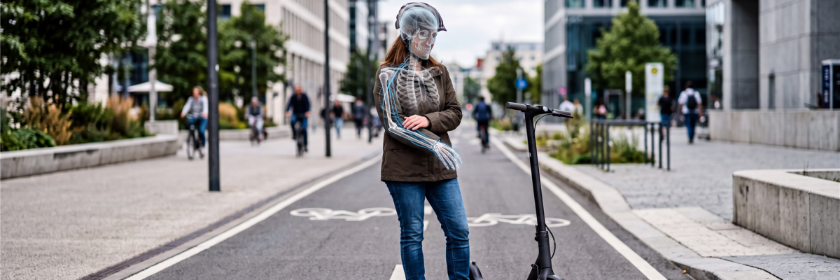 Eine Person mit einem E-Scooter auf einem Radweg, überlagert von einer Röntgenansicht ihres Skeletts mit Helm.
