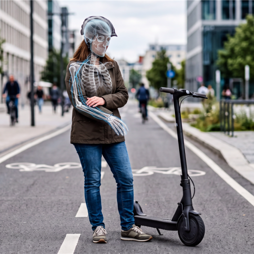 Eine Person mit einem E-Scooter auf einem Radweg, überlagert von einer Röntgenansicht ihres Skeletts mit Helm.