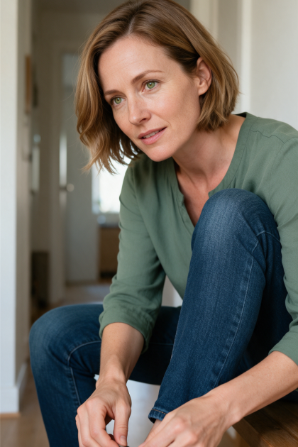 Eine Frau mit kurzen blonden Haaren in Jeans und grünem Oberteil sitzt auf einer Bank und bindet sich die Schuhe.
