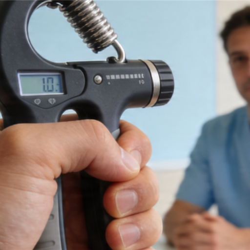 Handtherapeutin misst die Griffkraft einer Patientin mit einem digitalen Handdynamometer in einer modernen Praxis, Teil der Beurteilung von Handfunktion und möglicher psychomotorischer Verlangsamung