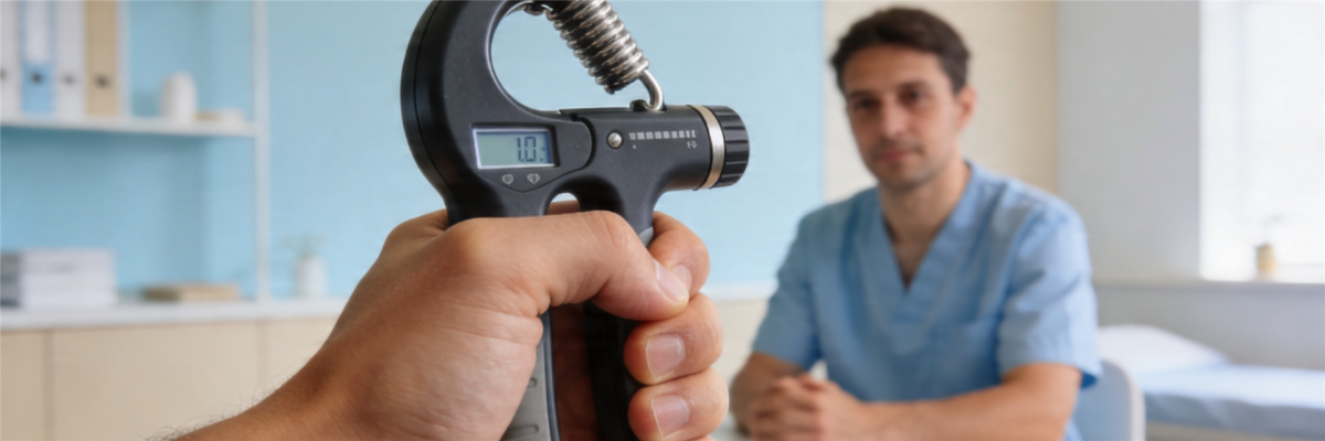 Handtherapeutin misst die Griffkraft einer Patientin mit einem digitalen Handdynamometer in einer modernen Praxis, Teil der Beurteilung von Handfunktion und möglicher psychomotorischer Verlangsamung