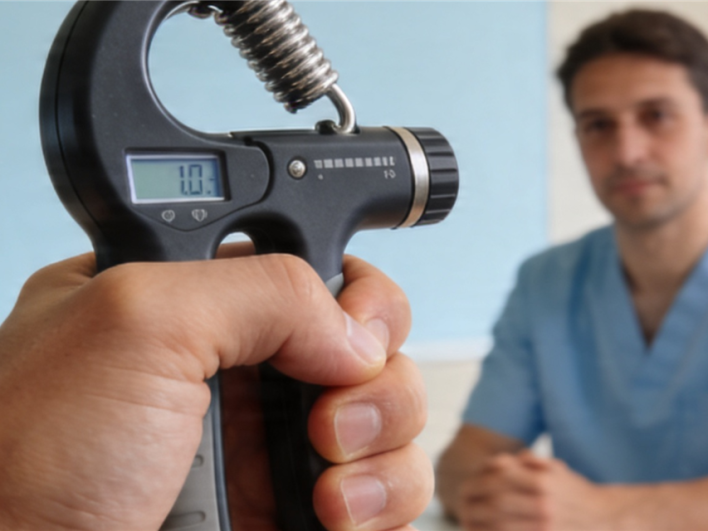 Handtherapeutin misst die Griffkraft einer Patientin mit einem digitalen Handdynamometer in einer modernen Praxis, Teil der Beurteilung von Handfunktion und möglicher psychomotorischer Verlangsamung