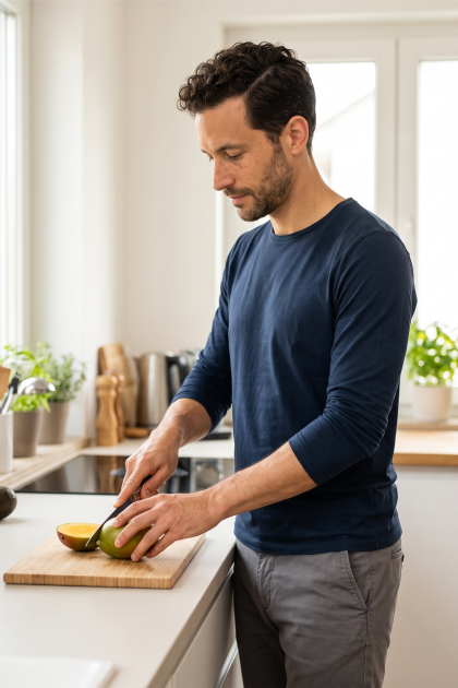Mann in einer Küche schneidet eine Mango auf einem Holzbrett.