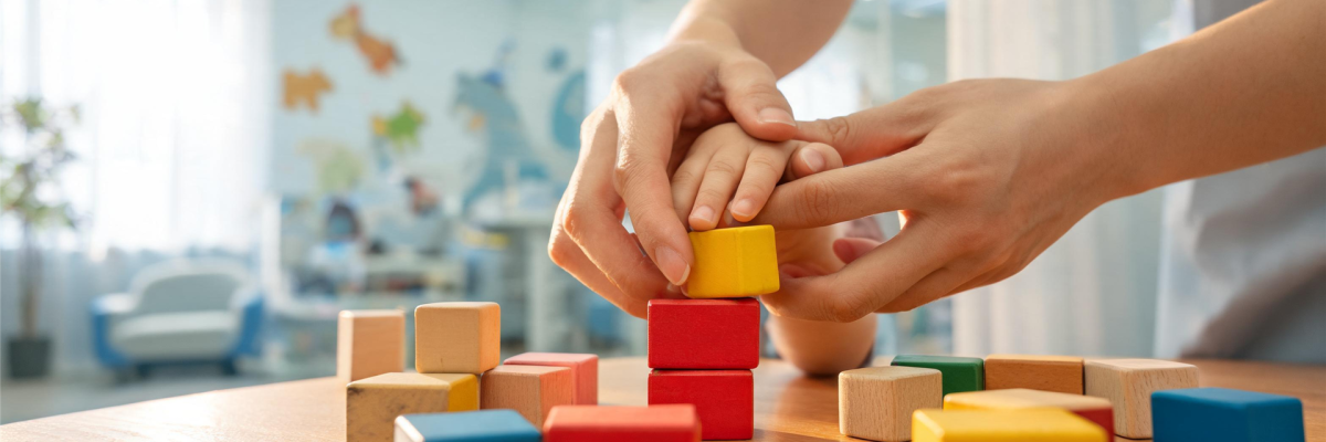 Eine Handtherapeutin führt sanft die Hand eines Kleinkindes beim spielerischen Stapeln von bunten Holzklötzen in einer hellen Praxis.