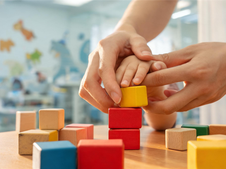 Eine Handtherapeutin führt sanft die Hand eines Kleinkindes beim spielerischen Stapeln von bunten Holzklötzen in einer hellen Praxis.