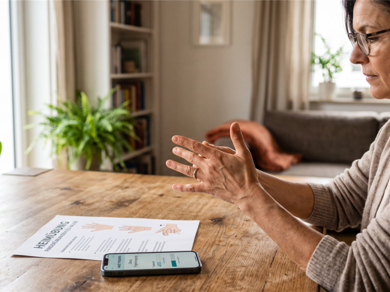 Eine Frau sitzt an einem Holztisch und macht Fingerübungen mit Hilfe eines Smartphones und einer Anleitung.