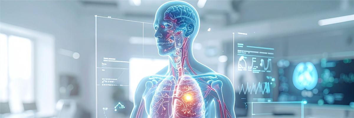 3D-Visualisierung menschlicher Organe mit holografischen Ebenen und moderner medizinischer Bildgebung