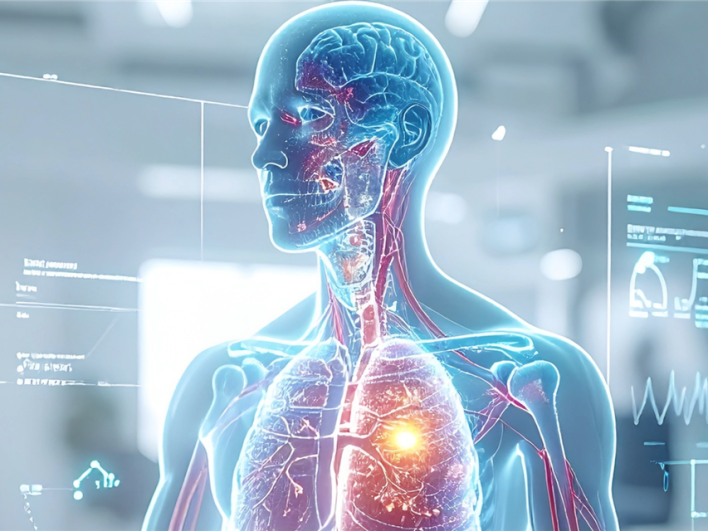 3D-Visualisierung menschlicher Organe mit holografischen Ebenen und moderner medizinischer Bildgebung