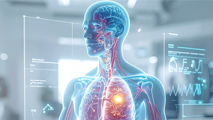 3D-Visualisierung menschlicher Organe mit holografischen Ebenen und moderner medizinischer Bildgebung