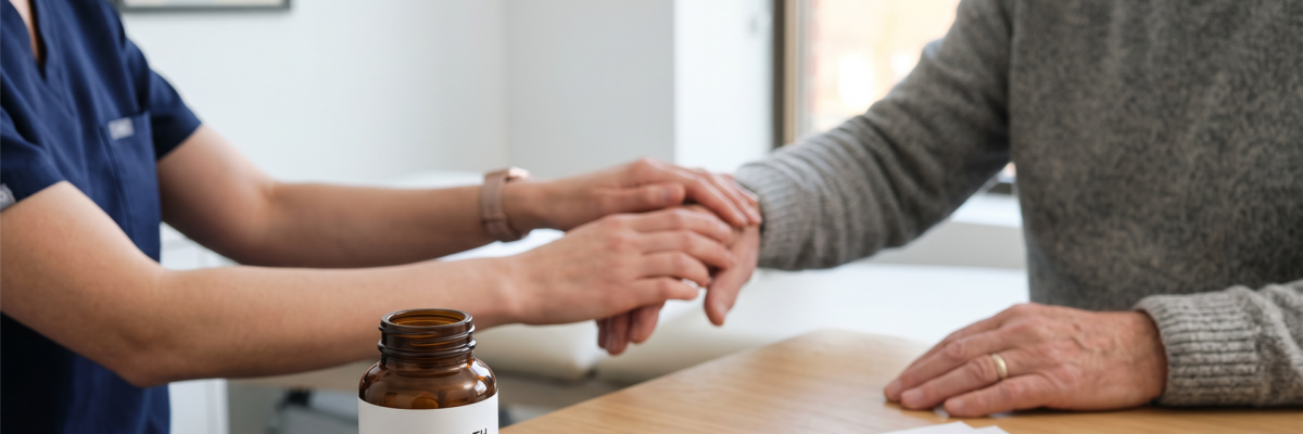 Handtherapeutin untersucht die Hand eines älteren Patienten. Im Vordergrund liegen wissenschaftliche Studien zur Frakturprävention, eine Lupe sowie Kalzium- und Vitamin-D-Tabletten.