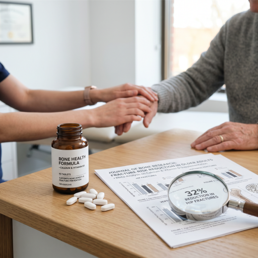 Handtherapeutin untersucht die Hand eines älteren Patienten. Im Vordergrund liegen wissenschaftliche Studien zur Frakturprävention, eine Lupe sowie Kalzium- und Vitamin-D-Tabletten.