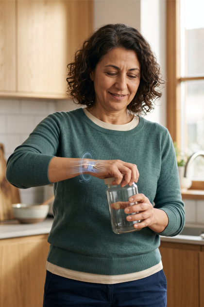 Eine Frau öffnet in einer Küche ein Glas, während eine Grafik an ihrem Handgelenk technologische Unterstützung symbolisiert.