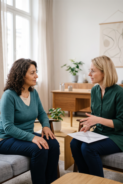 Zwei Frauen in einem professionellen Gespräch in einer hellen Praxis. Eine blonde Frau erklärt etwas, während eine Frau mit dunklen Locken zuhört.