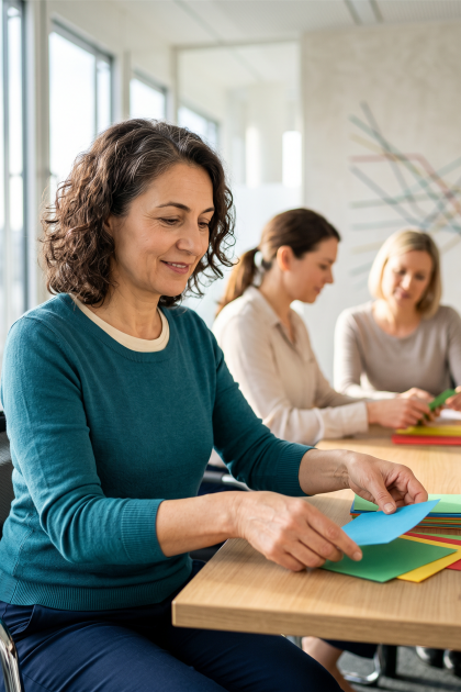 Eine Frau im Rollstuhl sitzt an einem Tisch und sortiert bunte Kärtchen, während zwei weitere Frauen im Hintergrund ebenfalls arbeiten.