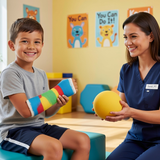 Kind mit Unterarmgips in der Ergotherapie – spielerische Handrehabilitation nach distaler Radiusfraktur im Kindesalter