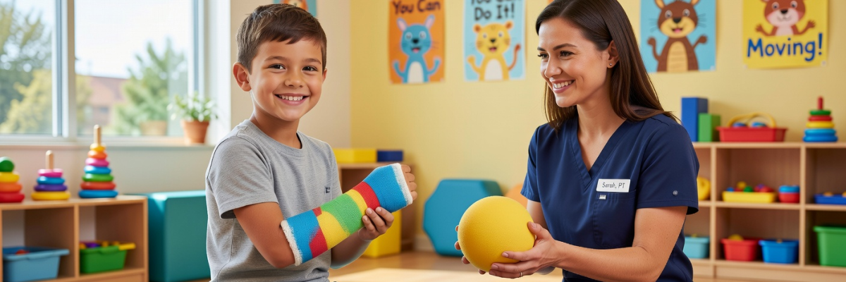 Kind mit Unterarmgips in der Ergotherapie – spielerische Handrehabilitation nach distaler Radiusfraktur im Kindesalter