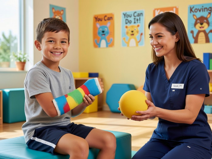 Kind mit Unterarmgips in der Ergotherapie – spielerische Handrehabilitation nach distaler Radiusfraktur im Kindesalter