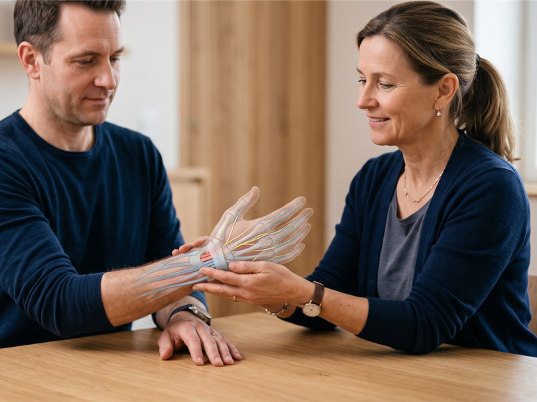 Handtherapeutin betrachtet die entspannte rechte Hand eines erwachsenen Patienten; dezente anatomische Darstellung von Sehnen und Nerven am Handgelenk im Hintergrund.