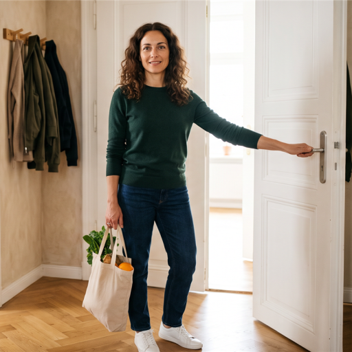 Eine Frau mit einer Einkaufstasche voller Lebensmittel öffnet lächelnd ihre Wohnungstür.