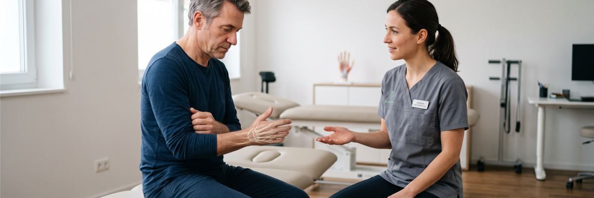 Ergotherapeutin und erwachsener Patient sprechen in ruhiger Atmosphäre über die Rehabilitation einer Hand