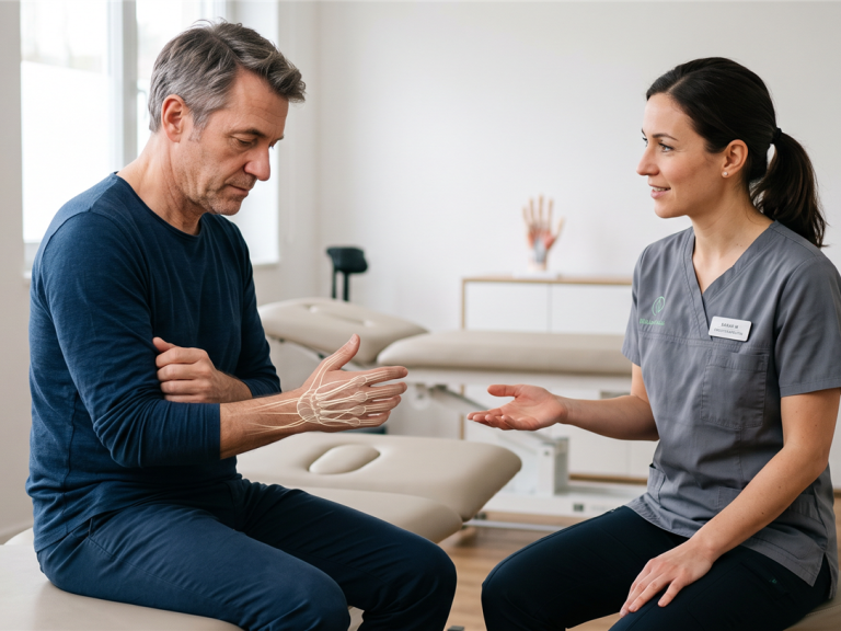 Ergotherapeutin und erwachsener Patient sprechen in ruhiger Atmosphäre über die Rehabilitation einer Hand