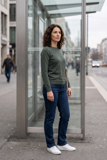 Eine Frau in einem grünen Pullover und Jeans wartet an einer gläsernen Bushaltestelle in der Stadt.